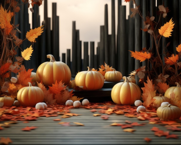 3d illustration of pumpkins and leaves on a wooden floor