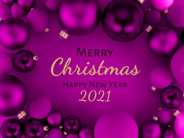 3d illustration, purple christmas balls background greeting card, merry christmas and happy new year