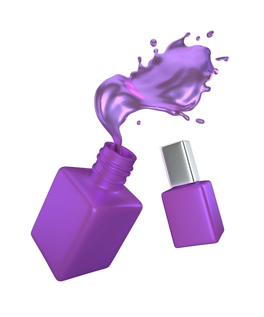 Foto illustrazione 3d di flaconi cosmetici viola con schizzi isolati su sfondo bianco con percorso di lavoro