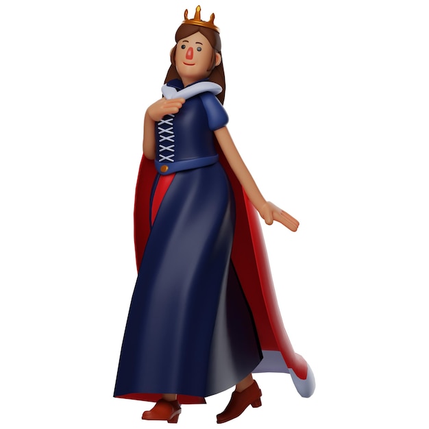 3D illustration Queen 3D cartoon character standing in a strange pose in a graceful style showing