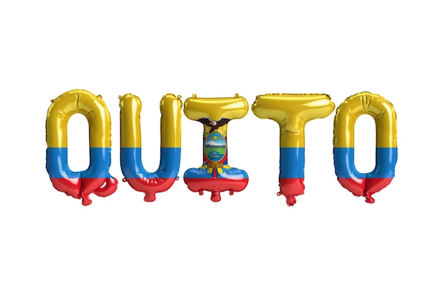 3d illustration of Quito capital balloons with Ecuador flags color isolated on white