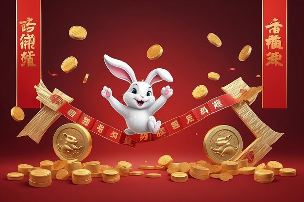 3D Illustration of a rabbit jumping in front of a row of couplet frames made of red ribbon with a gold giftbox and coin floating in the air on red background