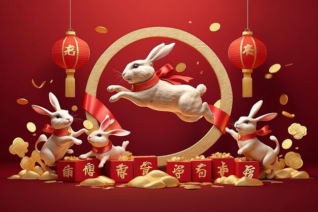 3D-иллюстрация кролика, прыгающего перед рядом куплетов, сделанных из красной ленты с золотой коробкой для подарков и монетой, плавающей в воздухе на красном фоне