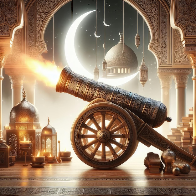 Photo 3d illustration of ramadan cannon