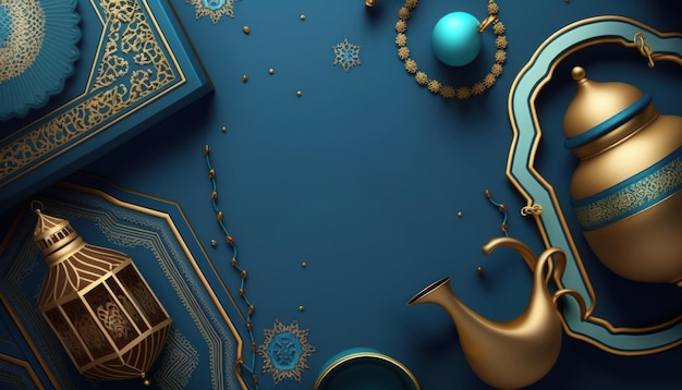 3D illustration of a Ramadan decoration on a bluepatterned table featuring a lantern