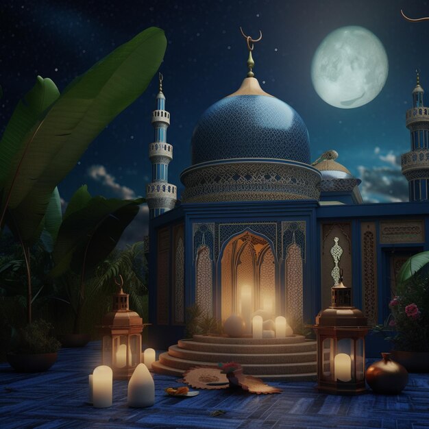 3D illustration of Ramadan Kareem background with mosque and lanterns