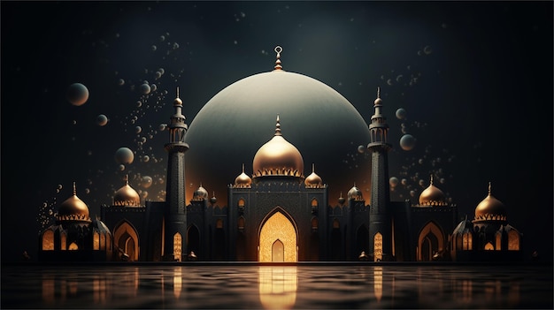 3d illustration of Ramadan Kareem background with mosque and lanterns