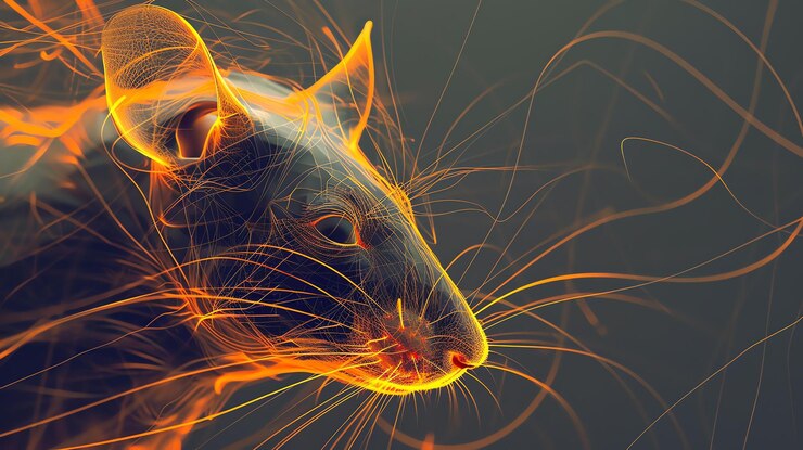 Photo 3d illustration of a rat the rat is made of orange glowing lines and has a black background