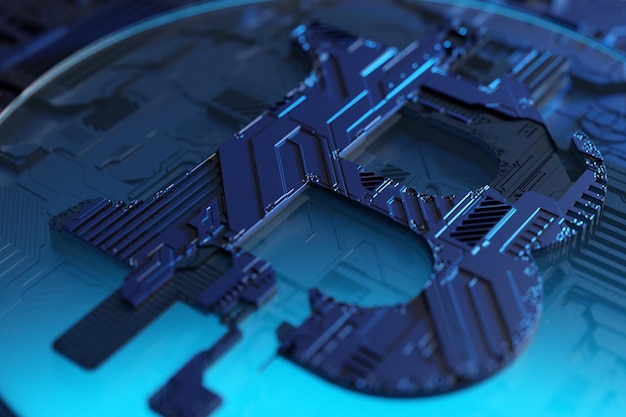 3d illustration of a realistic bitcoin model on the background of a metallic, technological coating of a spaceship or robot. Close up of the cyber armor