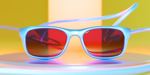 3d illustration of realistic blue sunglasses with a plastic chain with shadows 