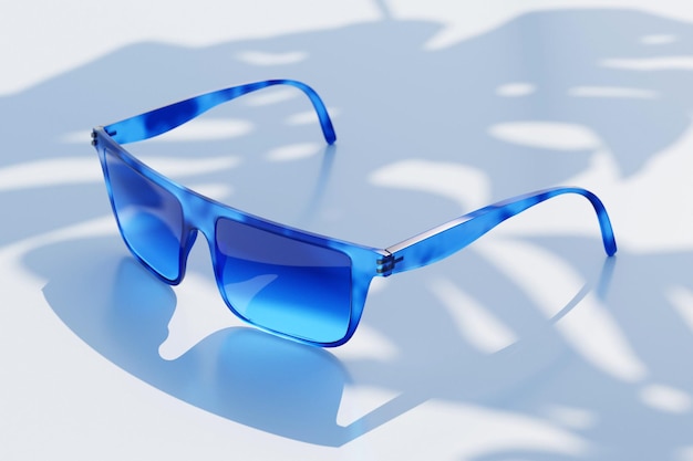 모노크롬 배경에 그림자가 있는 현실적인 파란색 선글라스의 3d 그림