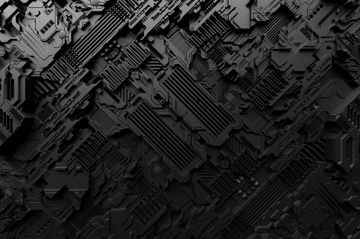 ロボットまたは黒いサイバー装甲の現実的なモデルの3Dイラスト 暗号ビットコインエーテルを採掘するためのクローズアップ機器 ビデオカード マザーボード