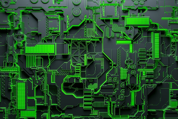 Photo 3d illustration of a realistic model of a robot or green  cyber armor. close-up equipment for mining crypto-bitcoin; ether. video cards; motherboards