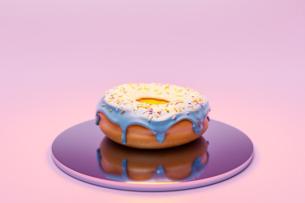 Illustrazione 3d di ciambella appetitosa bianca realistica con spruzza sulla piastra su sfondo rosa.