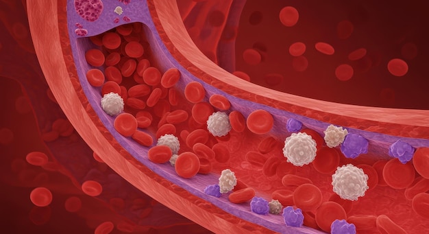 3d illustration of red blood cell in blood vessel high blood cholesterol thickened arteries and ve