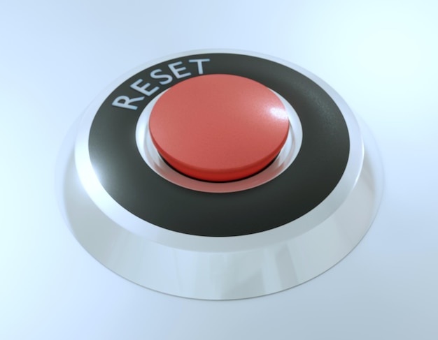 3d illustration of red circular button with silver and black frame with text reset on refle