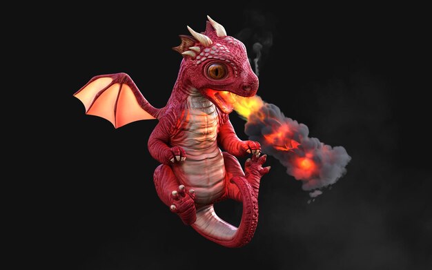 3d illustration of a red fantasy dragon posing isolated on black background with clipping path