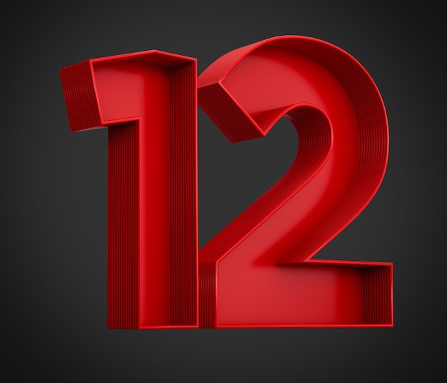 3d illustration of red number 12 or twelve inner shadow