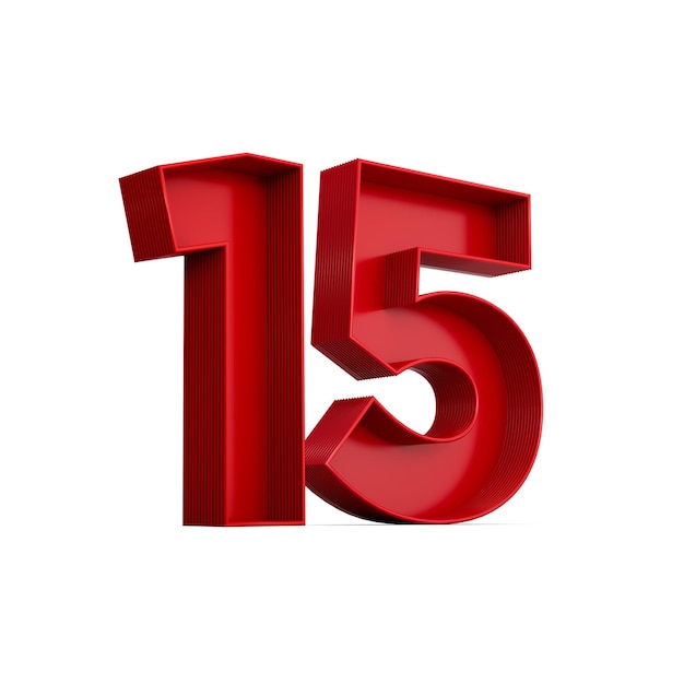 3d illustration of red number 15 or fifteen inner shadow isolated on white