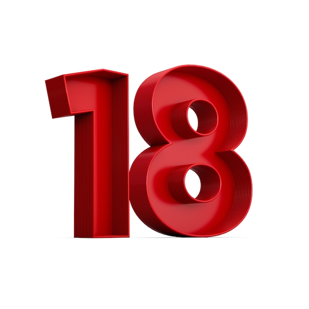 3d illustration of red number 18 or eighteen inner shadow isolated on white