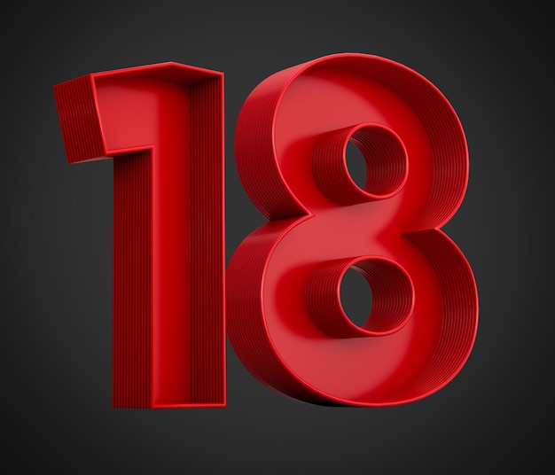 3d illustration of red number 18 or eighteen inner shadow