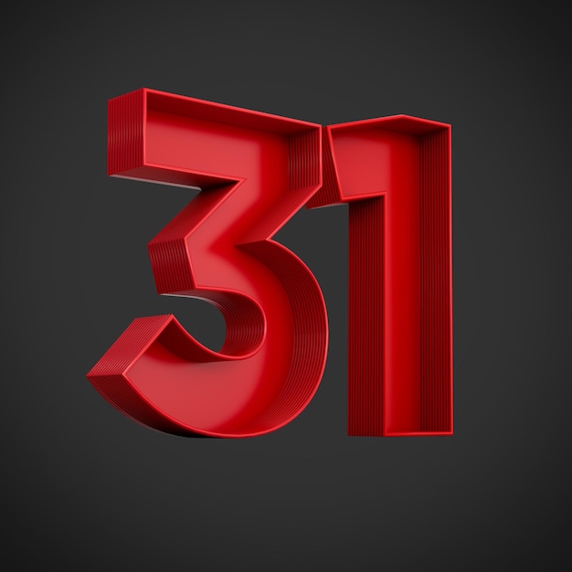 3d illustration of red number 31 or thirty one inner shadow on black background