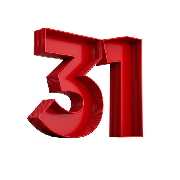 흰색에 고립 된 빨간색 숫자 31 또는 31 내부 그림자의 3d 그림