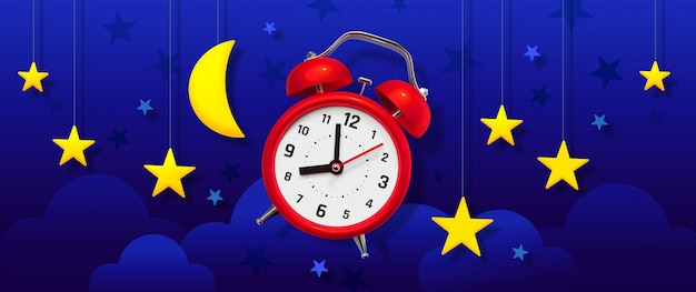 3d illustration of red retro alarm clock with arrow and star moon cloud