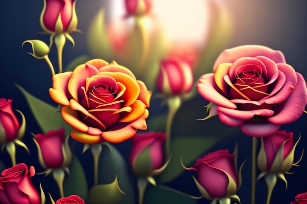 3d иллюстрация цветов красной и желтой розы на темно-синем фоне