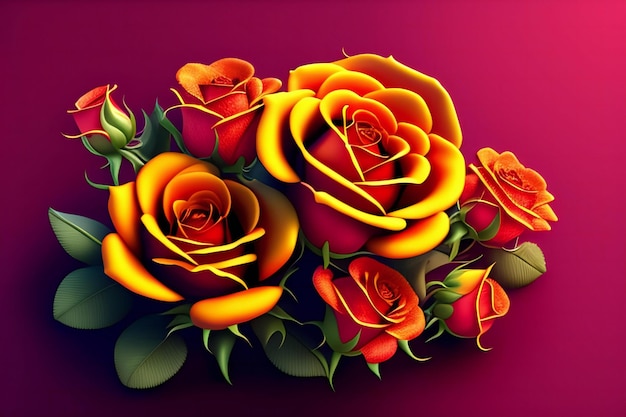 3d illustration of red and yellow rose flowers over dark blue background