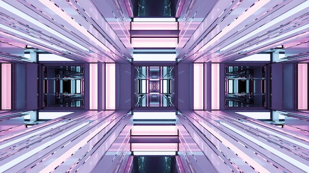 3d illustration of reflecting geometric 4K UHD illuminated corridor