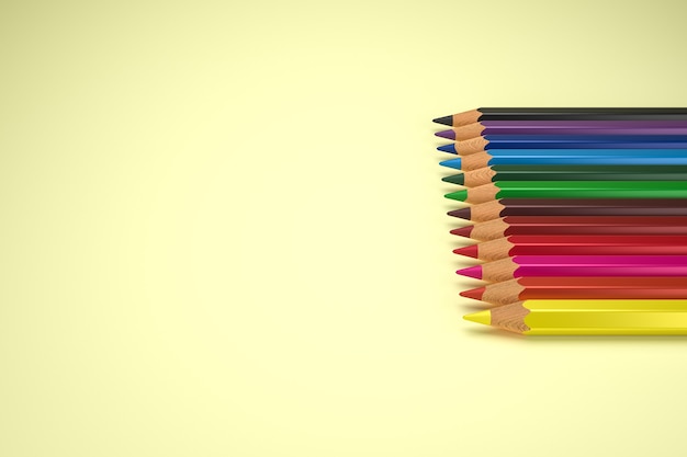 3d illustration Render of realistic set of color pencils Crayons on yellow background