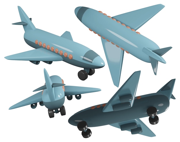 3D Illustration Render Toy Blue Airplane Passenger Airliner or Airbus Wings On White Background