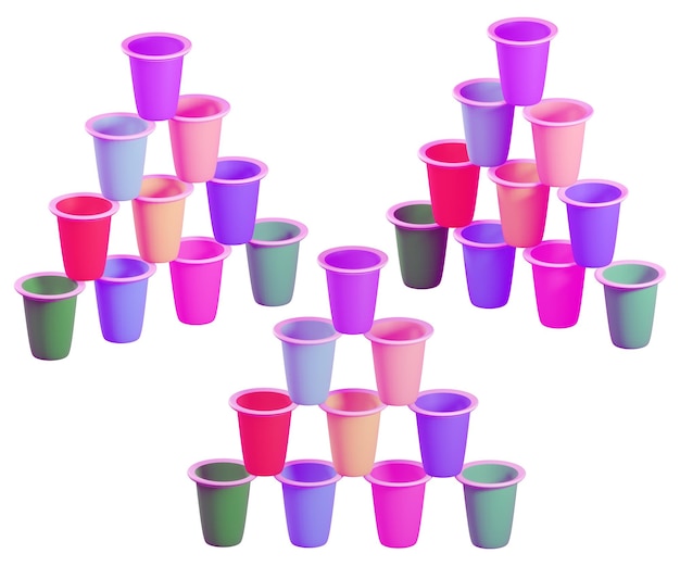 Illustrazione 3d rendering di tazze ecologiche monouso in plastica multicolore giocattolo su sfondo bianco