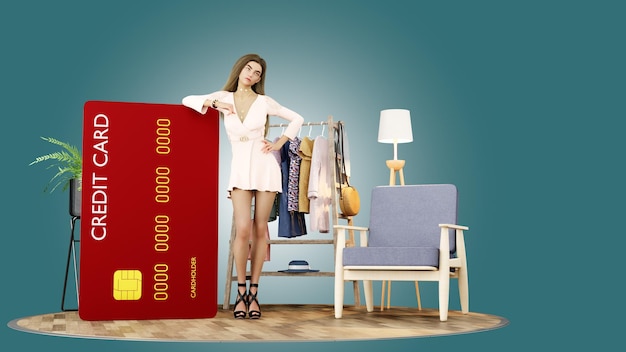 3d illustration render Young beautiful girl with credit card in private room online shopping concept