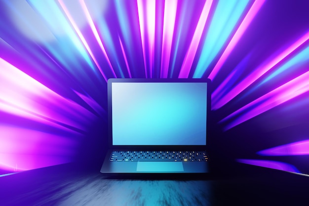 3D illustration rendering Black Laptop computer blank screen in blue pink light speed effect