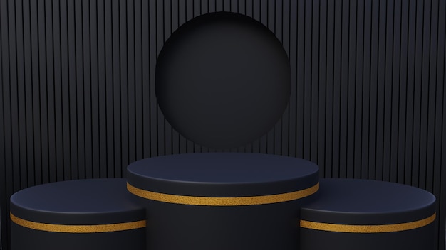 Rendering dell'illustrazione 3d del cilindro di lusso della scena del prodotto in bianco scuro del podio nero