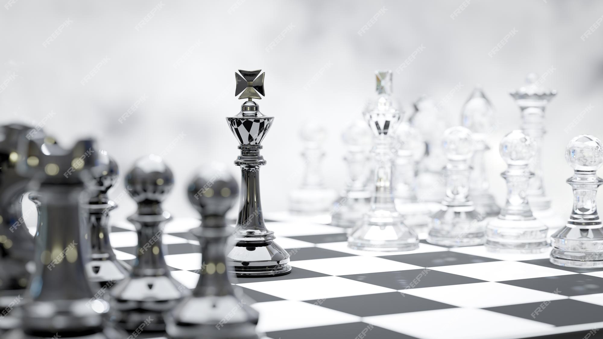 3D Rendering : illustration of chess pieces.the glass king chess at the  center with pawn chess in the back.chess board with light drop background.leader  success concept,business leader concept Stock Illustration