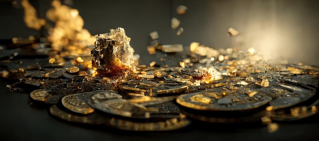 3d illustration rendering of crumbling gold bitcoin coin\
cryptocurrency collapse concept btc mining digital money