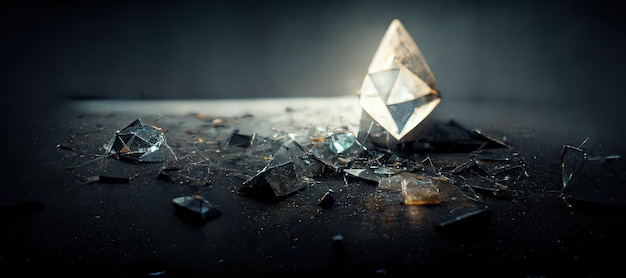 Photo 3d illustration rendering of crumbling gold ethereum coin cryptocurrency collapse concept eth mining digital money