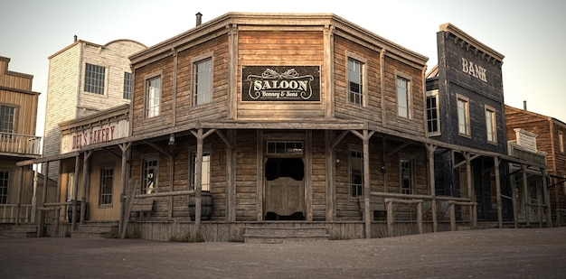 3D illustration rendering of an empty street in an old wild west town with wooden buildings