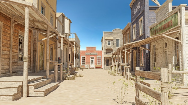 3D illustration rendering of an empty street in an old wild west town with wooden buildings