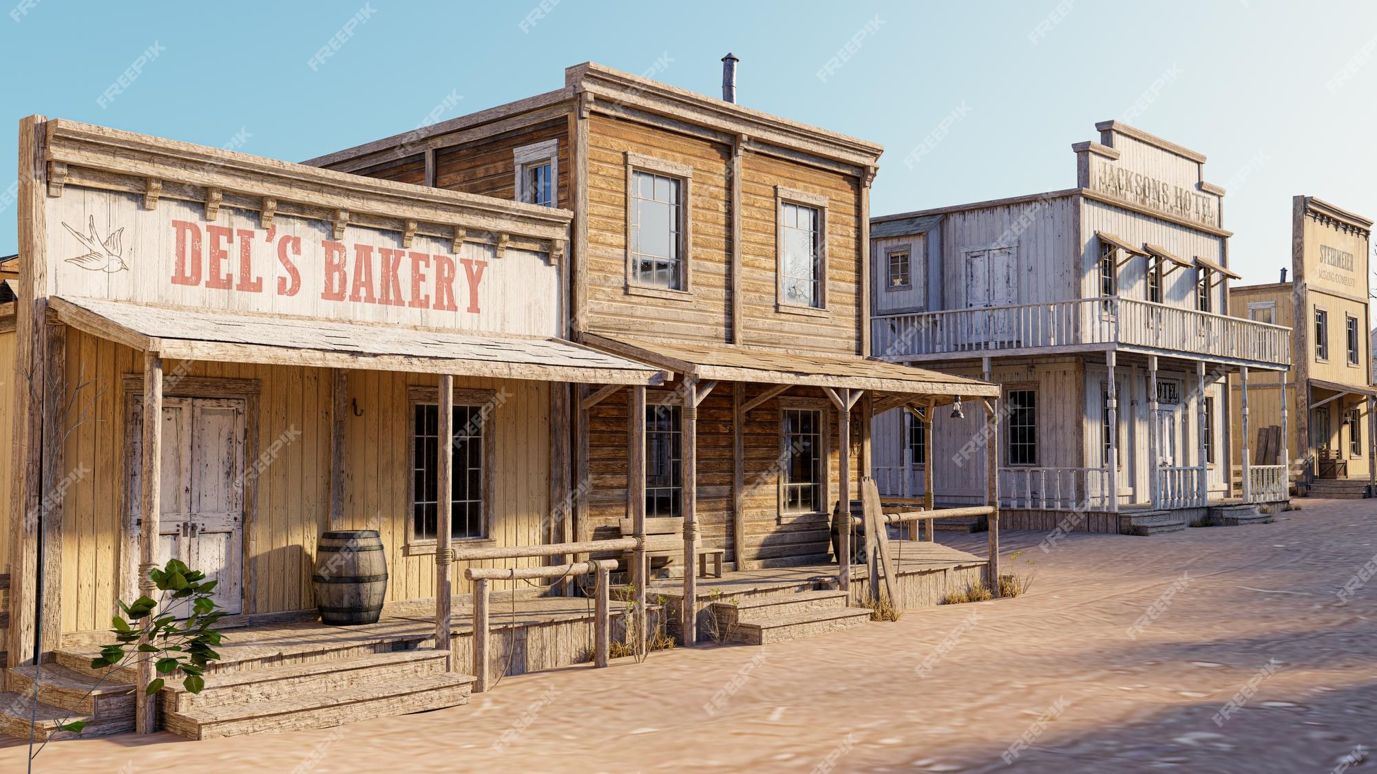 Empty Dirt Street In An Old Western Town With Various Wooden