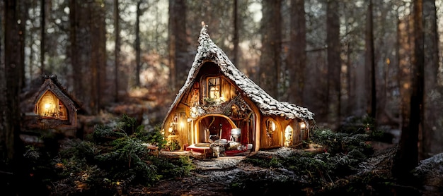 3D-иллюстрация Зачарованного леса с домом Санты 39, красиво украшенным к Рождеству
