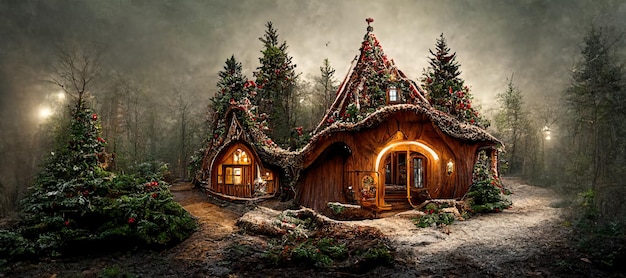 3D illustration rendering of an Enchanted Forest with Santa39s house beautifully decorated for Christmas