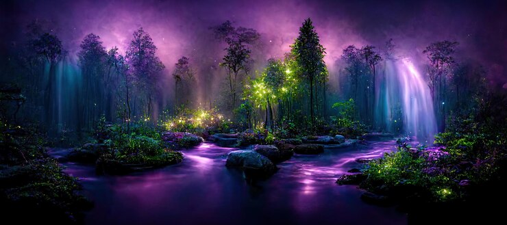 Photo 3d illustration rendering of forest image illuminated at night by bioluminescence