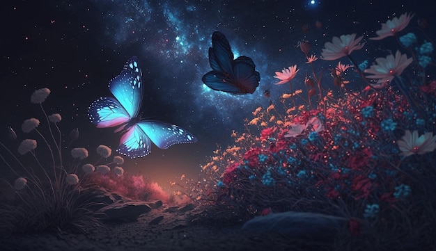 3D illustration rendering of forest with butterfly image illuminated at night