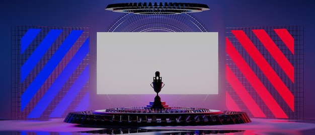 Rendering di illustrazione 3d della futuristica città cyberpunk esport campione coppa del gioco scifi stage display piedistallo sfondo giocatore banner segno di bagliore al neon stand podio
