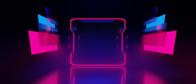 3d illustration rendering of futuristic cyberpunk city gaming scifi stage display pedestal background gamer banner sign of neon glow stand podium