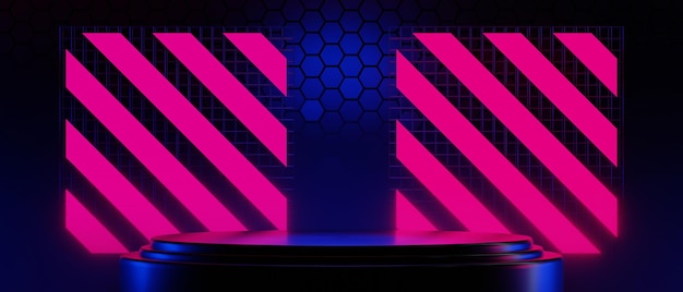 未来的なサイバー パンク都市ゲーム SF ステージ表示台座背景ゲーマー バナー サイン ネオン グロー スタンド表彰台の 3 d イラスト レンダリング